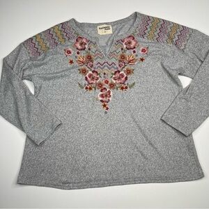 Savanna Jane Sweatshirt Top Long Sleeve Grey Embroidered Floral Western Boho 3X